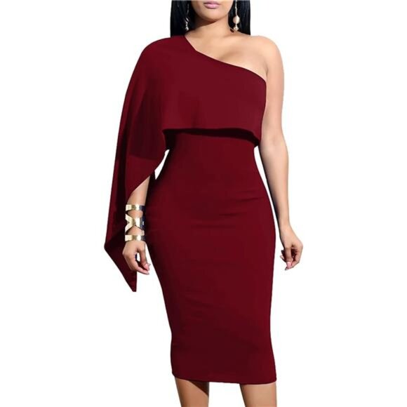 Women's Sexy One Shoulder Ruffle Bodycon Dress Wine Red - Picture 1 of 7